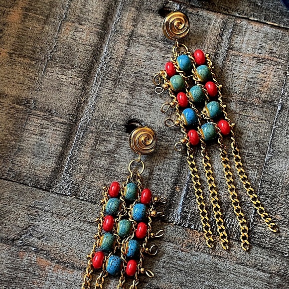 NEW Ceramic Beaded Gold Tassel Earrings - Picture 6 of 13